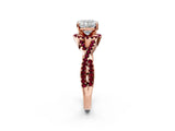 Rose gold Cushion Cut Diamond with Garnet side stone Halo Twist Band Solitaire Prong Setting Ring_38
