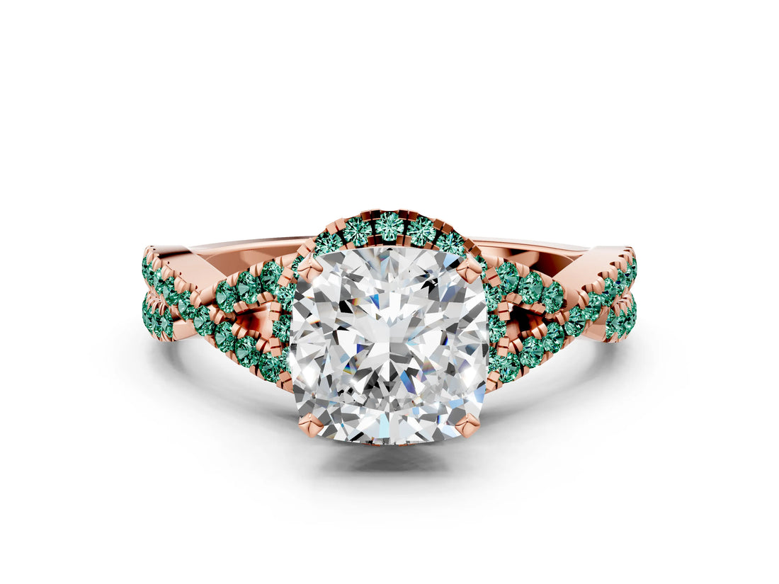Rose gold Cushion Cut Diamond with Green Sapphire side stone Halo Twist Band Solitaire Prong Setting Ring_24