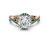 Rose gold Cushion Cut Diamond with Green Sapphire side stone Halo Twist Band Solitaire Prong Setting Ring_24