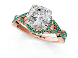 Rose gold Cushion Cut Diamond with Green Sapphire side stone Halo Twist Band Solitaire Prong Setting Ring_25