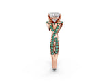 Rose gold Cushion Cut Diamond with Green Sapphire side stone Halo Twist Band Solitaire Prong Setting Ring_26