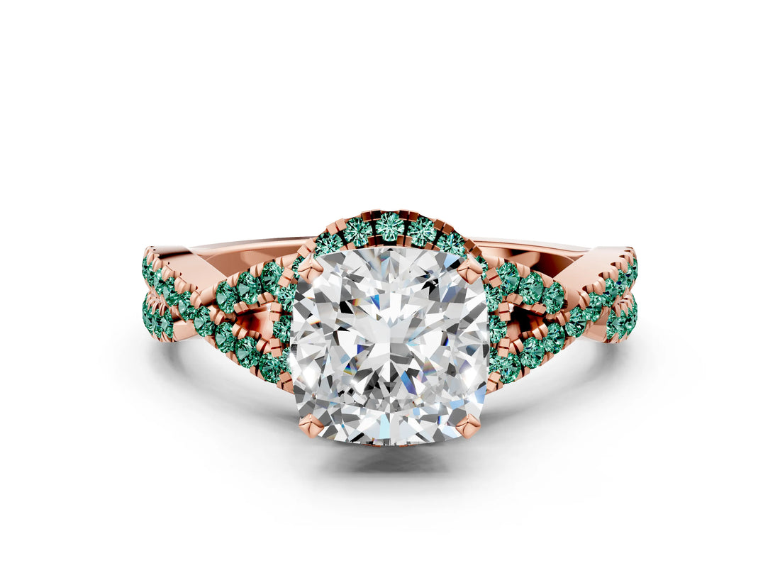 Rose gold Cushion Cut Diamond with Green Sapphire side stone Halo Twist Band Solitaire Prong Setting Ring_36