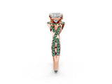 Rose gold Cushion Cut Diamond with Green Sapphire side stone Halo Twist Band Solitaire Prong Setting Ring_38