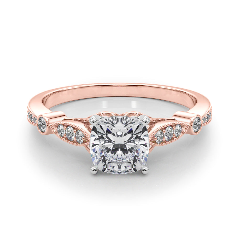Rose gold Cushion Cut Diamond with Milgrain Marquise and Bezel Accents on a Solitaire Band with Prong Setting 1