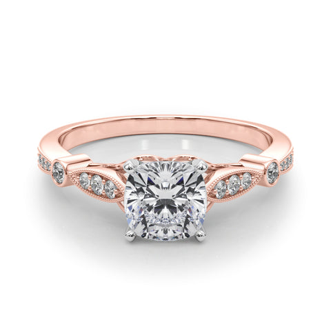 Rose gold Cushion Cut Diamond with Milgrain Marquise and Bezel Accents on a Solitaire Band with Prong Setting 1