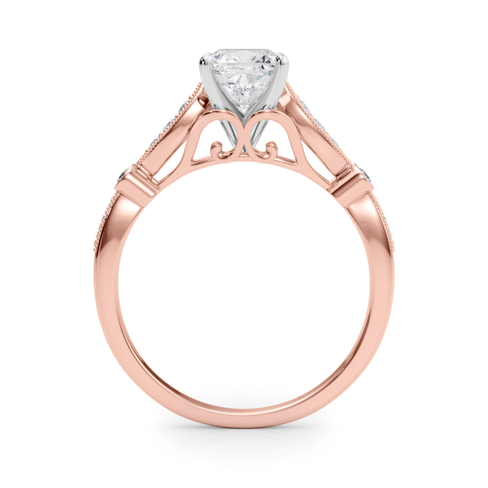 Rose gold Cushion Cut Diamond with Milgrain Marquise and Bezel Accents on a Solitaire Band with Prong Setting 2