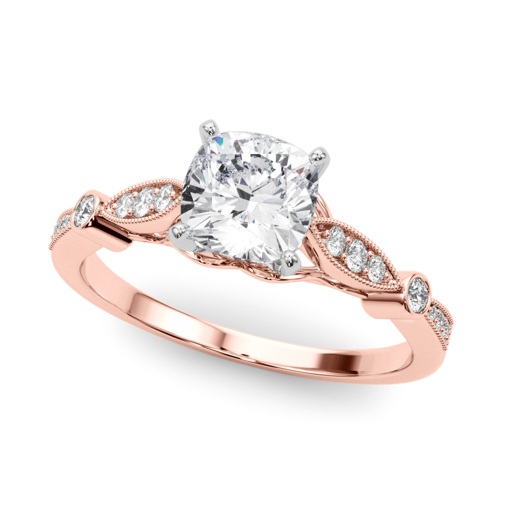 Rose gold Cushion Cut Diamond with Milgrain Marquise and Bezel Accents on a Solitaire Band with Prong Setting