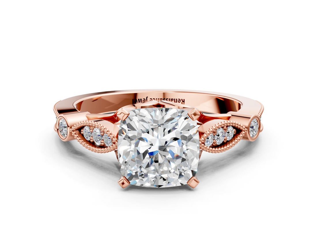 Rose gold Cushion Cut Diamond with Milgrain Marquise and Bezel Accents on a Solitaire Band with Prong Setting_189
