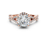 Rose gold Cushion Cut Diamond with Moissanite side stone Halo Twist Band Solitaire Prong Setting Ring_12