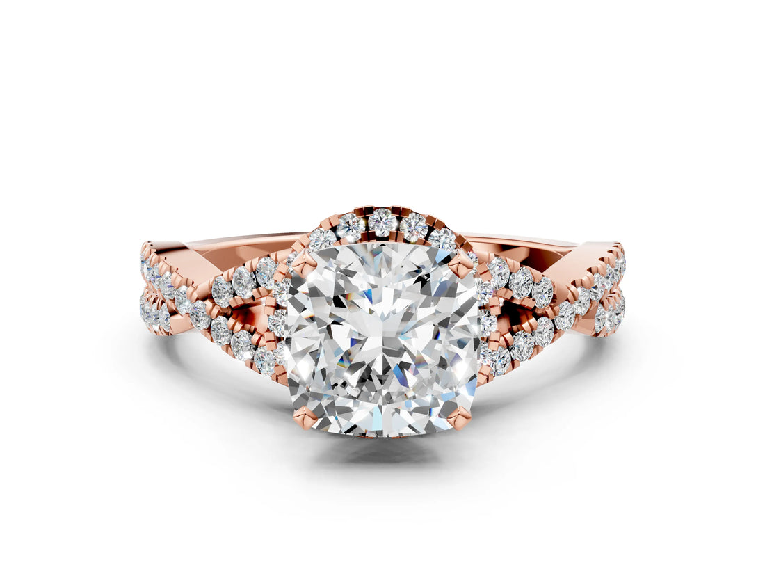 Rose gold Cushion Cut Diamond with Moissanite side stone Halo Twist Band Solitaire Prong Setting Ring_24