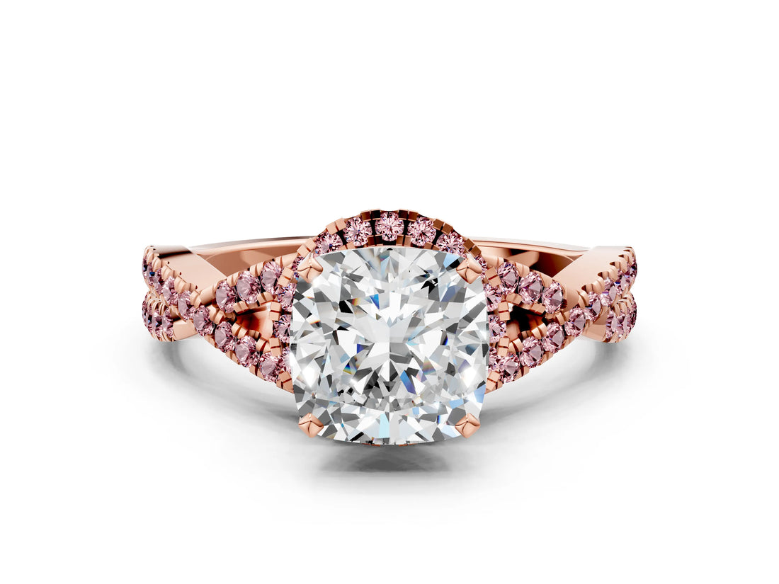 Rose gold Cushion Cut Diamond with Morganite side stone Halo Twist Band Solitaire Prong Setting Ring_12