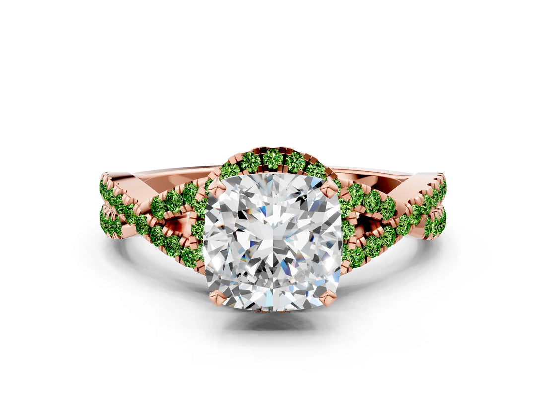 Rose gold Cushion Cut Diamond with Peridot side stone Halo Twist Band Solitaire Prong Setting Ring_12