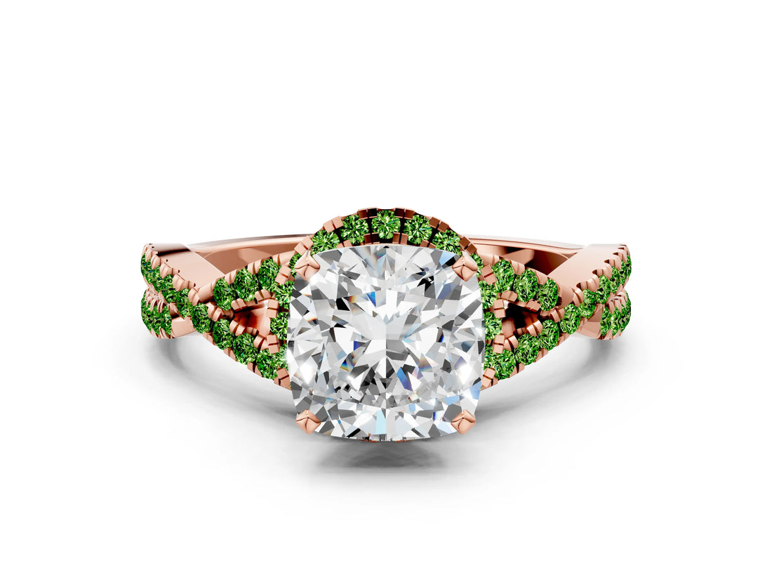 Rose gold Cushion Cut Diamond with Peridot side stone Halo Twist Band Solitaire Prong Setting Ring_36