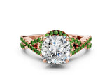 Rose gold Cushion Cut Diamond with Peridot side stone Halo Twist Band Solitaire Prong Setting Ring_36