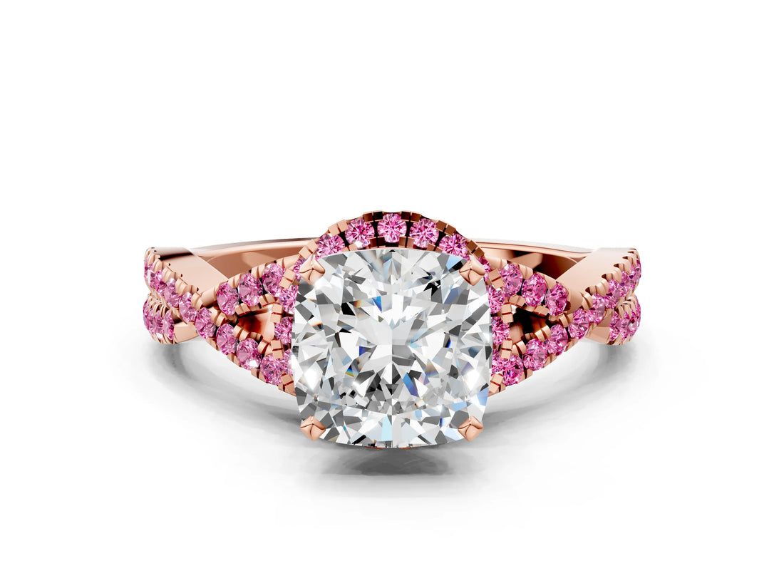 Rose gold Cushion Cut Diamond with Pink Sapphire side stone Halo Twist Band Solitaire Prong Setting Ring_12