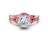 Rose gold Cushion Cut Diamond with Pink Sapphire side stone Halo Twist Band Solitaire Prong Setting Ring_12