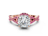 Rose gold Cushion Cut Diamond with Pink Sapphire side stone Halo Twist Band Solitaire Prong Setting Ring_24