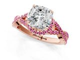 Rose gold Cushion Cut Diamond with Pink Sapphire side stone Halo Twist Band Solitaire Prong Setting Ring_25