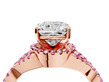 Rose gold Cushion Cut Diamond with Pink Sapphire side stone Halo Twist Band Solitaire Prong Setting Ring_28