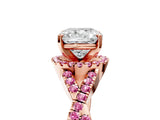 Rose gold Cushion Cut Diamond with Pink Sapphire side stone Halo Twist Band Solitaire Prong Setting Ring_29