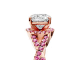 Rose gold Cushion Cut Diamond with Pink Sapphire side stone Halo Twist Band Solitaire Prong Setting Ring_41