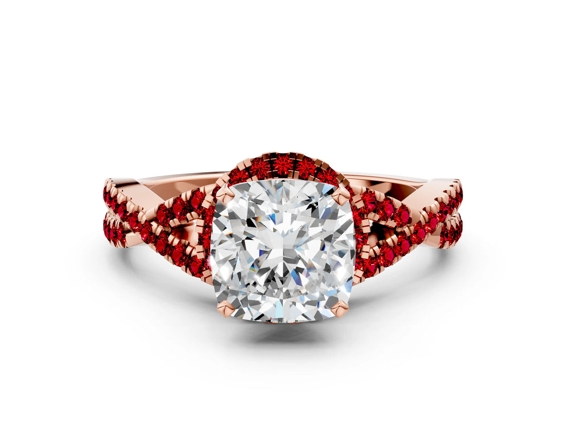 Rose gold Cushion Cut Diamond with Ruby side stone Halo Twist Band Solitaire Prong Setting Ring_24