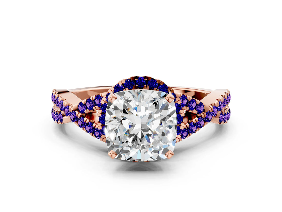 Rose gold Cushion Cut Diamond with Tanzanite side stone Halo Twist Band Solitaire Prong Setting Ring_36
