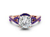 Rose gold Cushion Cut Diamond with Tanzanite side stone Halo Twist Band Solitaire Prong Setting Ring_36