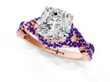 Rose gold Cushion Cut Diamond with Tanzanite side stone Halo Twist Band Solitaire Prong Setting Ring_37