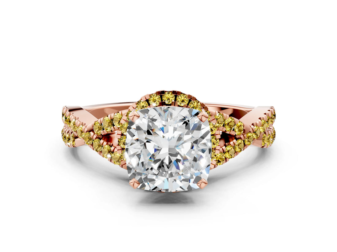 Rose gold Cushion Cut Diamond with Yellow Sapphire side stone Halo Twist Band Solitaire Prong Setting Ring_12