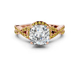 Rose gold Cushion Cut Diamond with Yellow Sapphire side stone Halo Twist Band Solitaire Prong Setting Ring_12