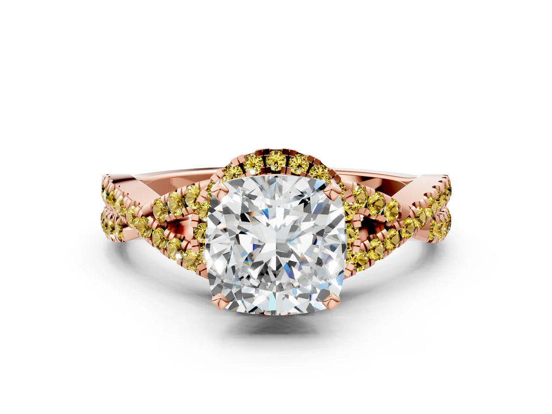 Rose gold Cushion Cut Diamond with Yellow Sapphire side stone Halo Twist Band Solitaire Prong Setting Ring_24