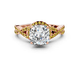 Rose gold Cushion Cut Diamond with Yellow Sapphire side stone Halo Twist Band Solitaire Prong Setting Ring_24