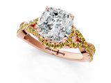 Rose gold Cushion Cut Diamond with Yellow Sapphire side stone Halo Twist Band Solitaire Prong Setting Ring_25
