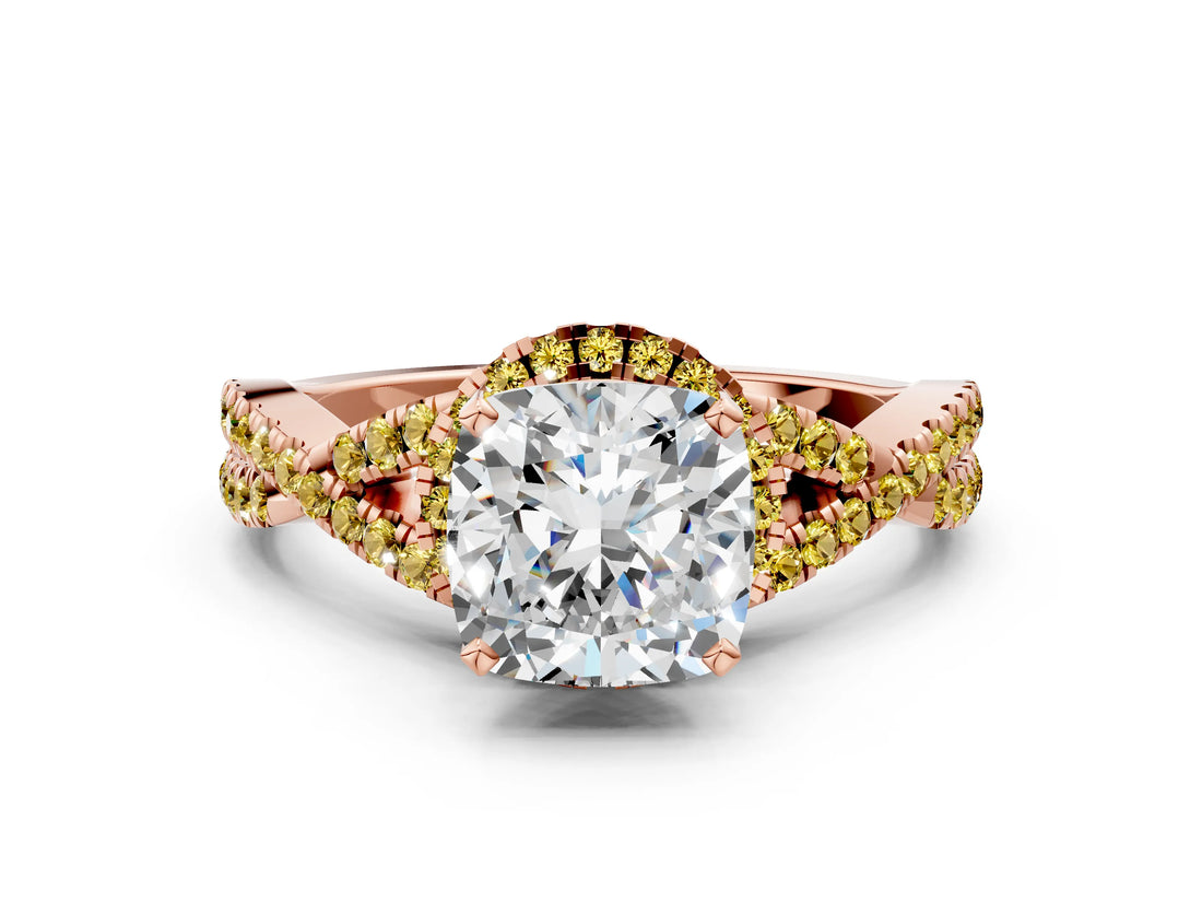 Rose gold Cushion Cut Diamond with Yellow Sapphire side stone Halo Twist Band Solitaire Prong Setting Ring_36