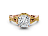 Rose gold Cushion Cut Diamond with Yellow Sapphire side stone Halo Twist Band Solitaire Prong Setting Ring_36