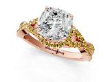 Rose gold Cushion Cut Diamond with Yellow Sapphire side stone Halo Twist Band Solitaire Prong Setting Ring_37