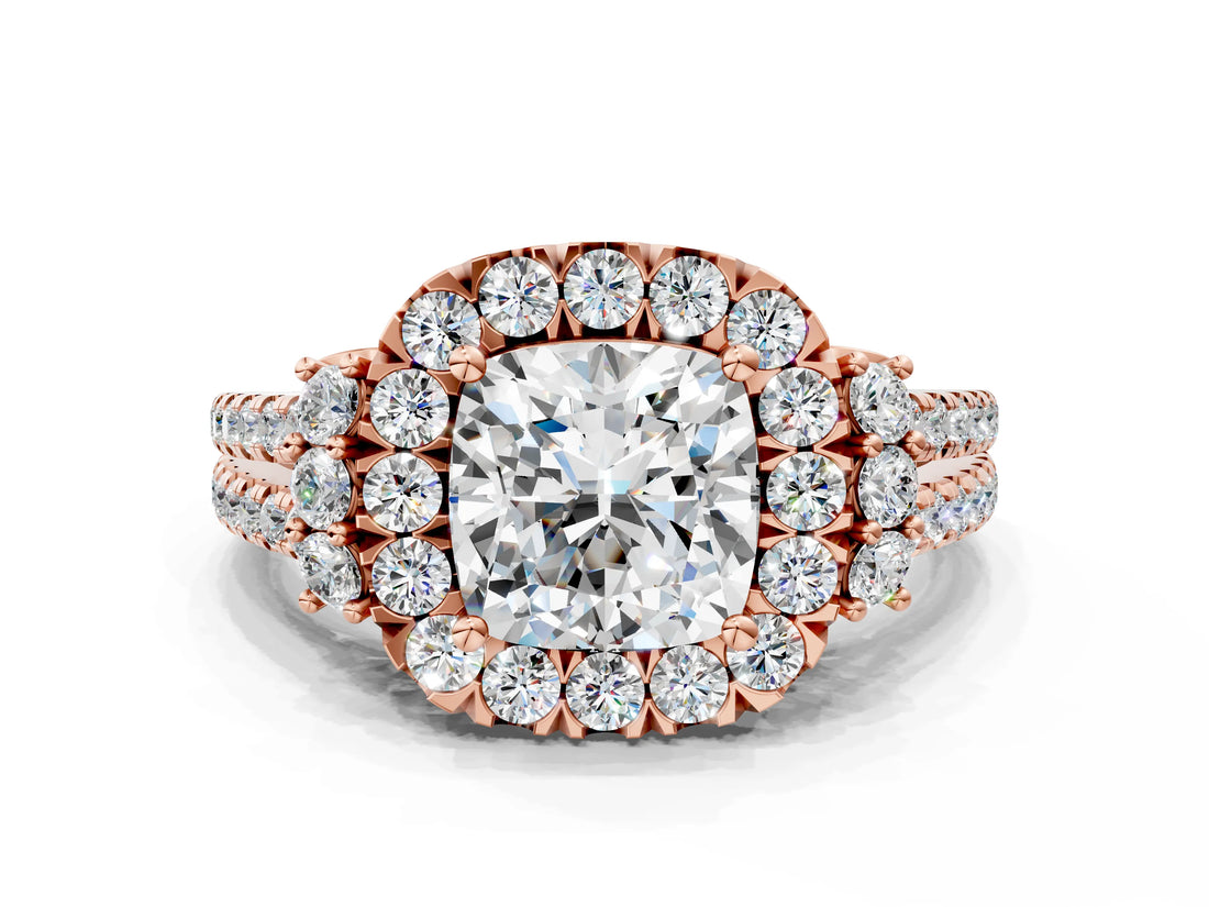 Rose gold Cushion Cut Double Halo Diamond Engagement Ring with Pave Band and Four-Prong Setting_43