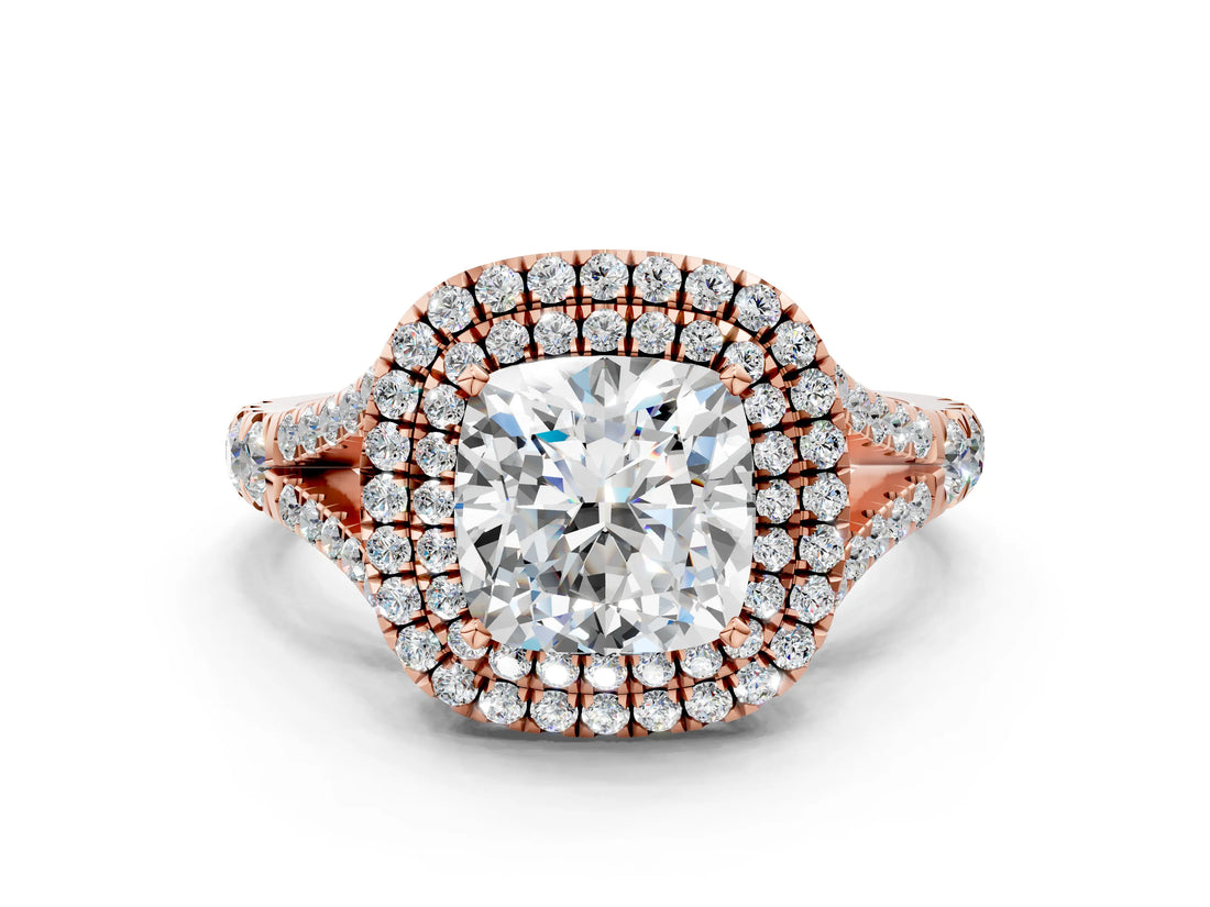 Rose gold Cushion Cut Double Halo Split Shank Diamond Ring with Prong Setting_49