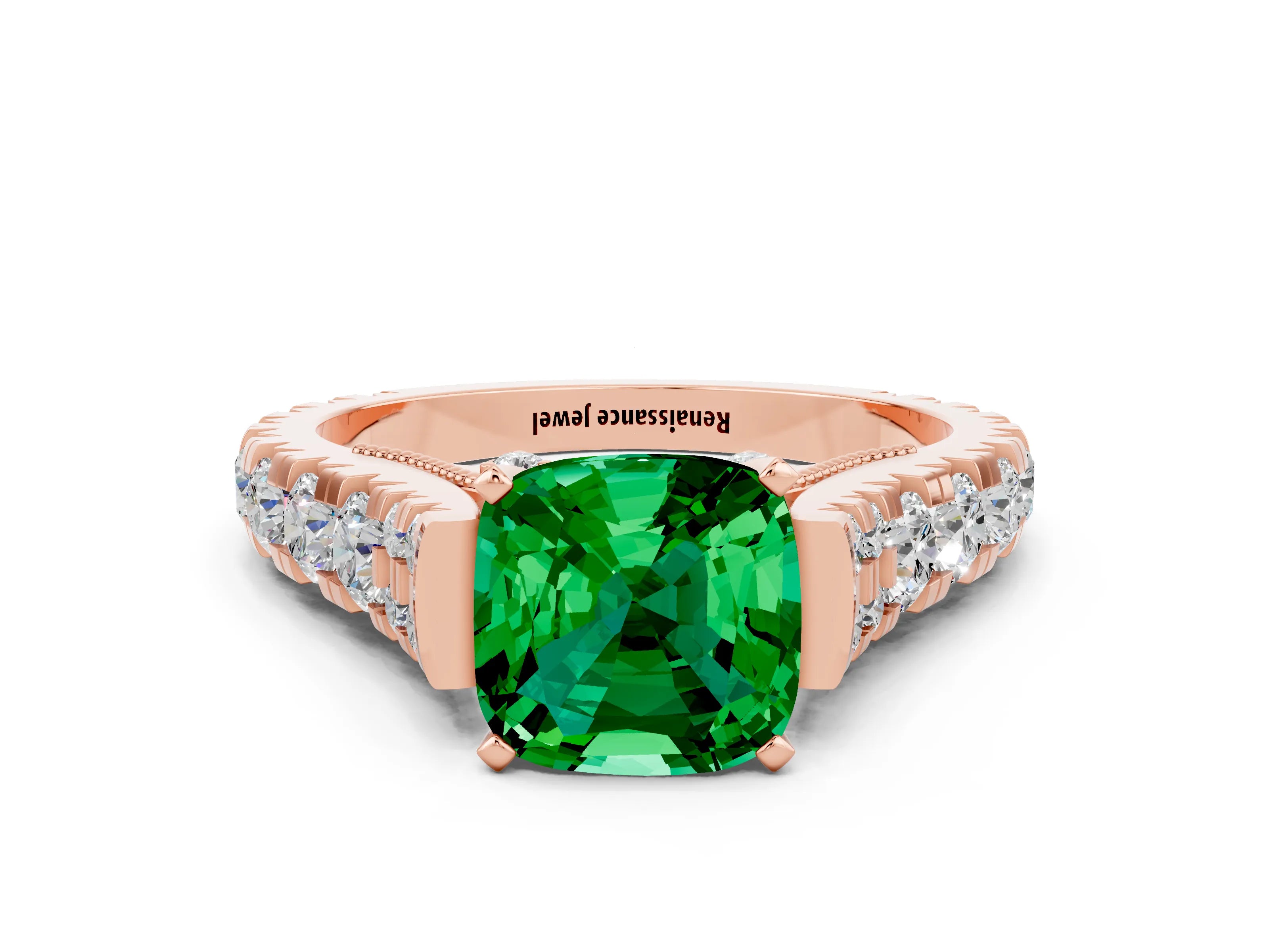 Rose gold Cushion Cut Emerald Classic Solitaire Ring with Pavé Band and Four-Prong Setting