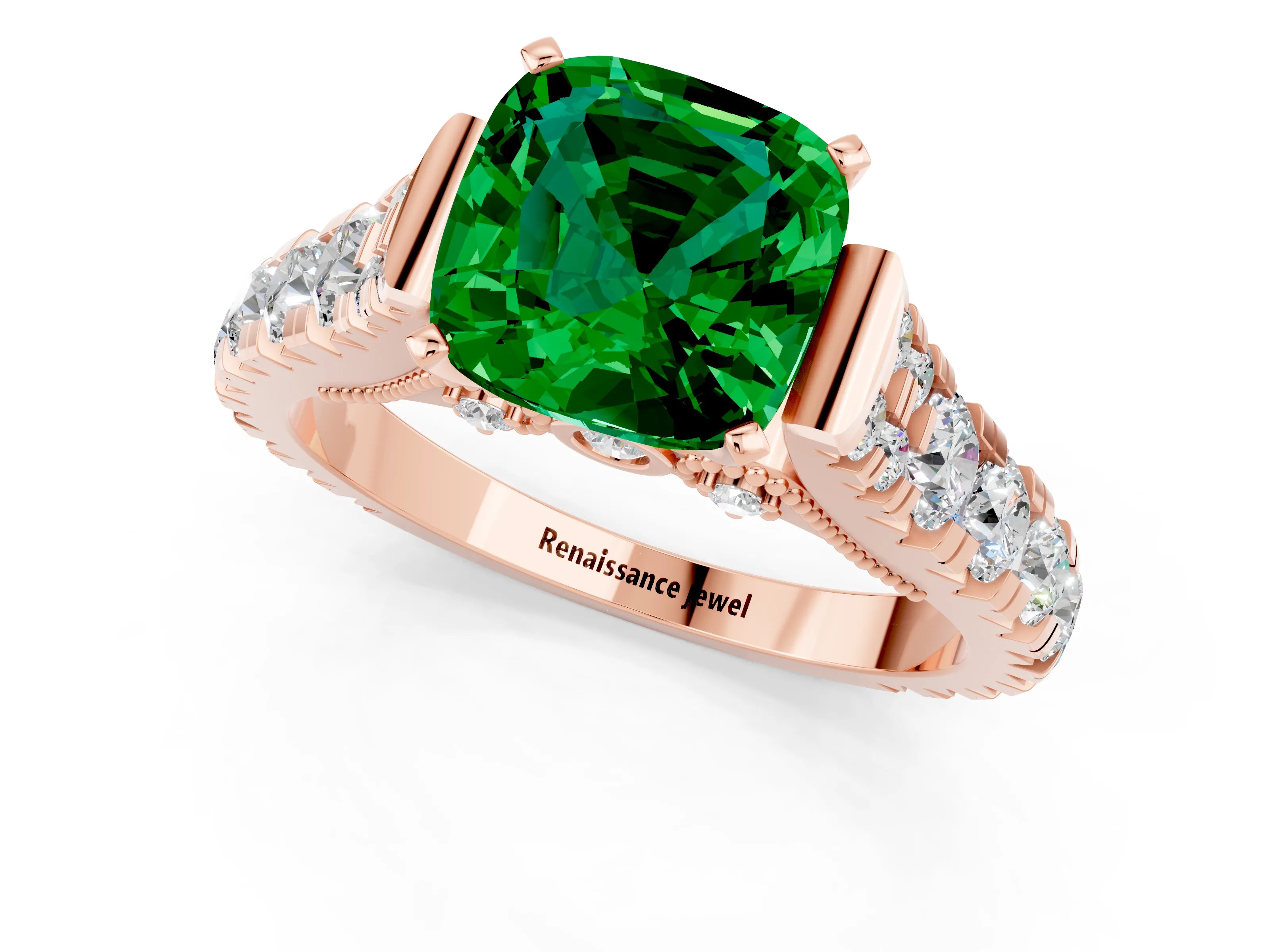 Rose gold Cushion Cut Emerald Classic Solitaire Ring with Pavé Band and Four-Prong Setting_1