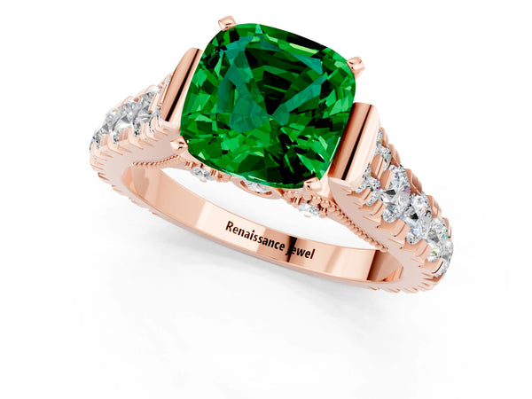 Rose gold Cushion Cut Emerald Classic Solitaire Ring with Pavé Band and Four-Prong Setting