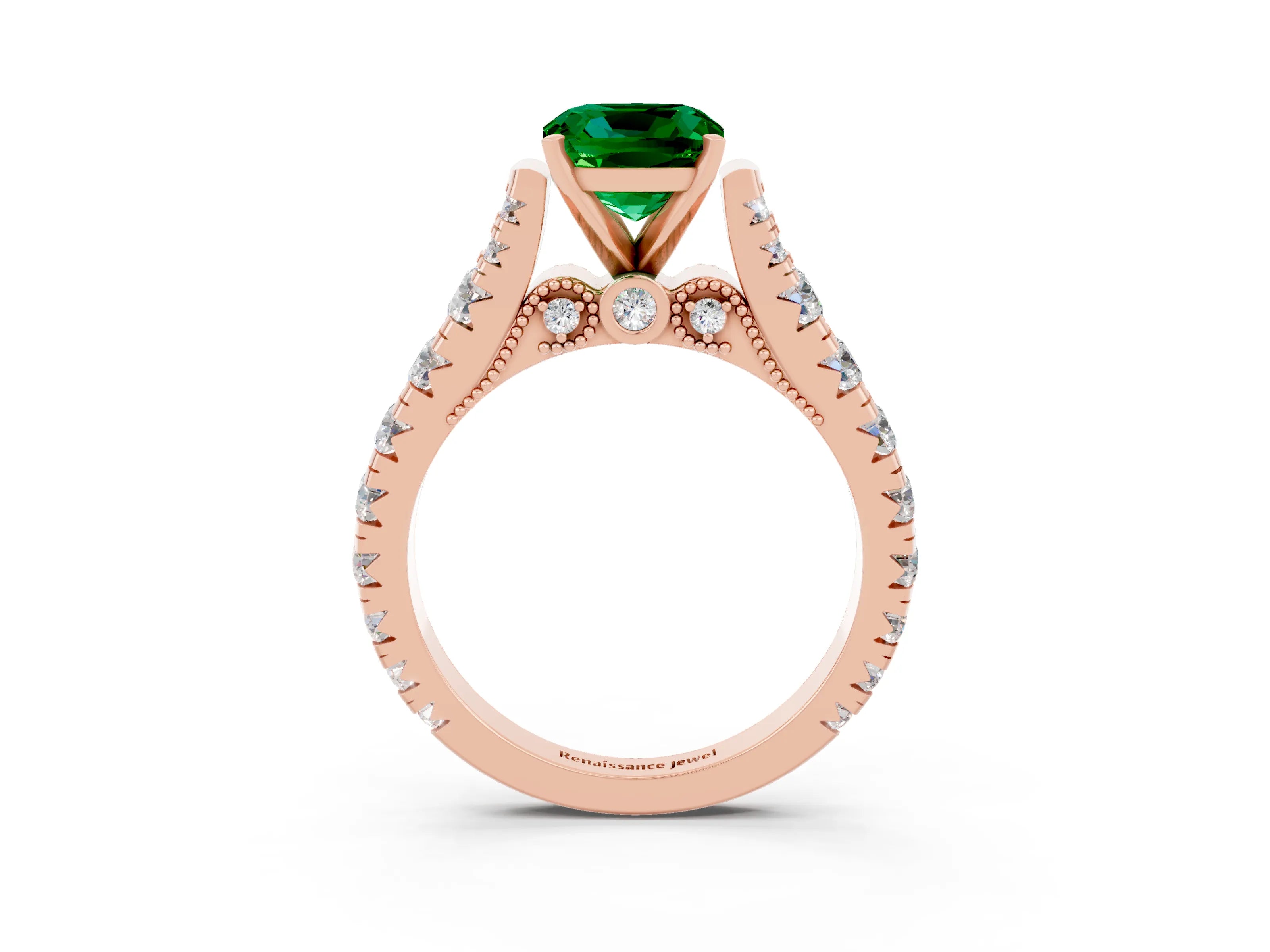 Rose gold Cushion Cut Emerald Classic Solitaire Ring with Pavé Band and Four-Prong Setting_3