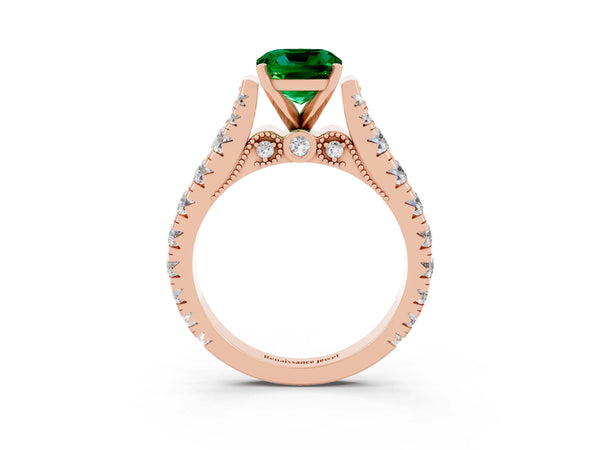 Rose gold Cushion Cut Emerald Classic Solitaire Ring with Pavé Band and Four-Prong Setting