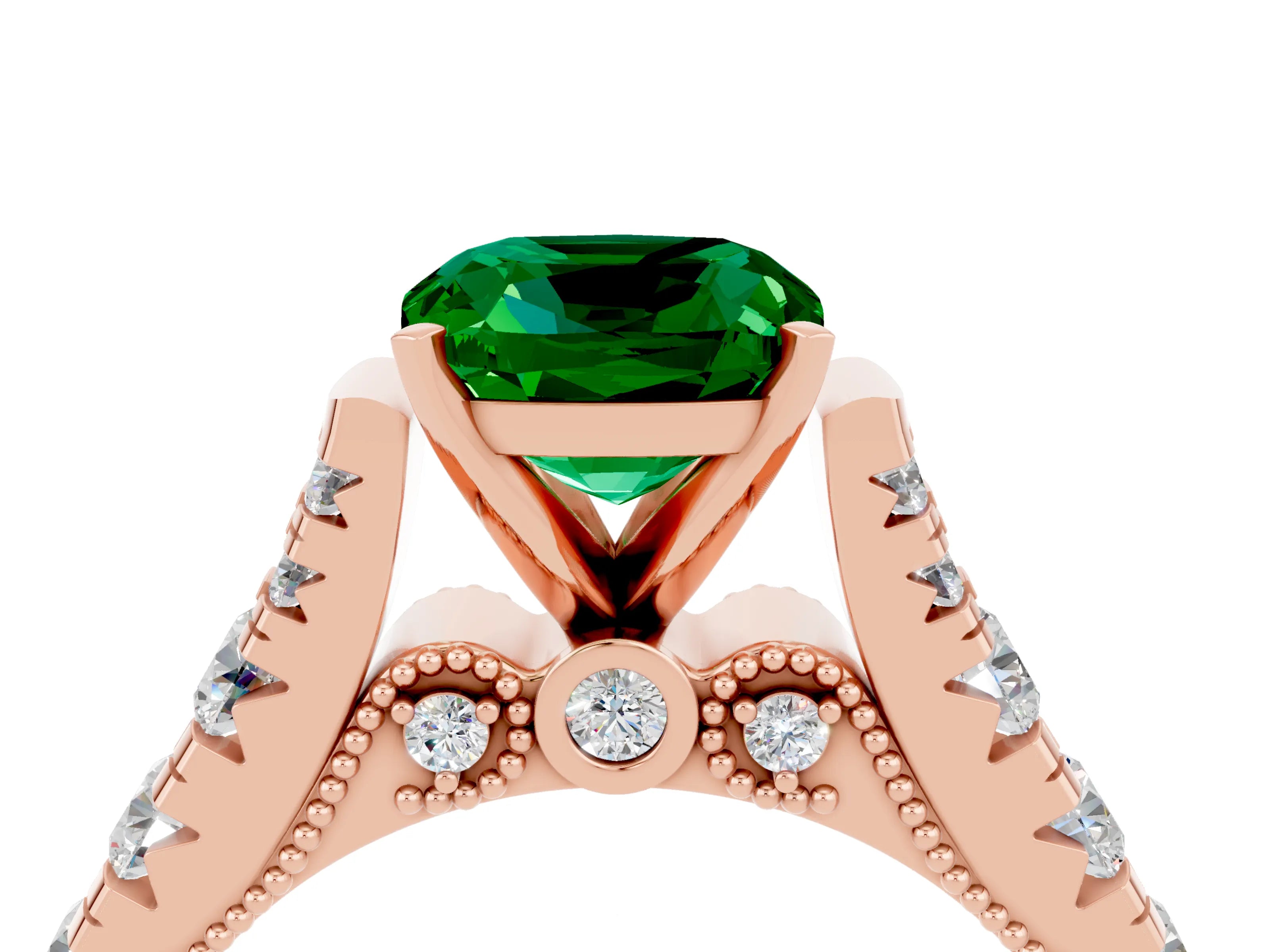Rose gold Cushion Cut Emerald Classic Solitaire Ring with Pavé Band and Four-Prong Setting_4