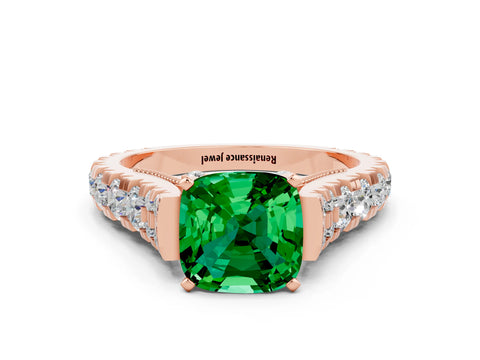 Rose gold Cushion Cut Emerald Classic Solitaire Ring with Pavé Band and Four-Prong Setting