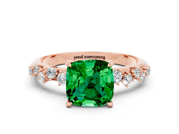 Rose gold Cushion Cut Emerald Cluster Side Stone Solitaire Ring with Prong Setting