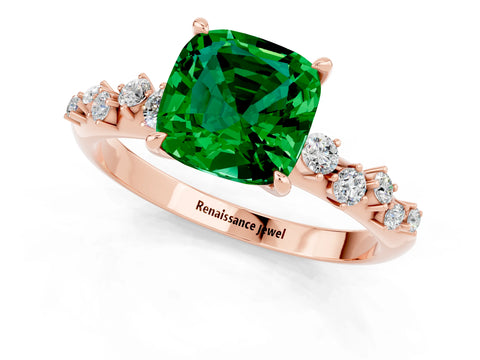 Rose gold Cushion Cut Emerald Cluster Side Stone Solitaire Ring with Prong Setting_25