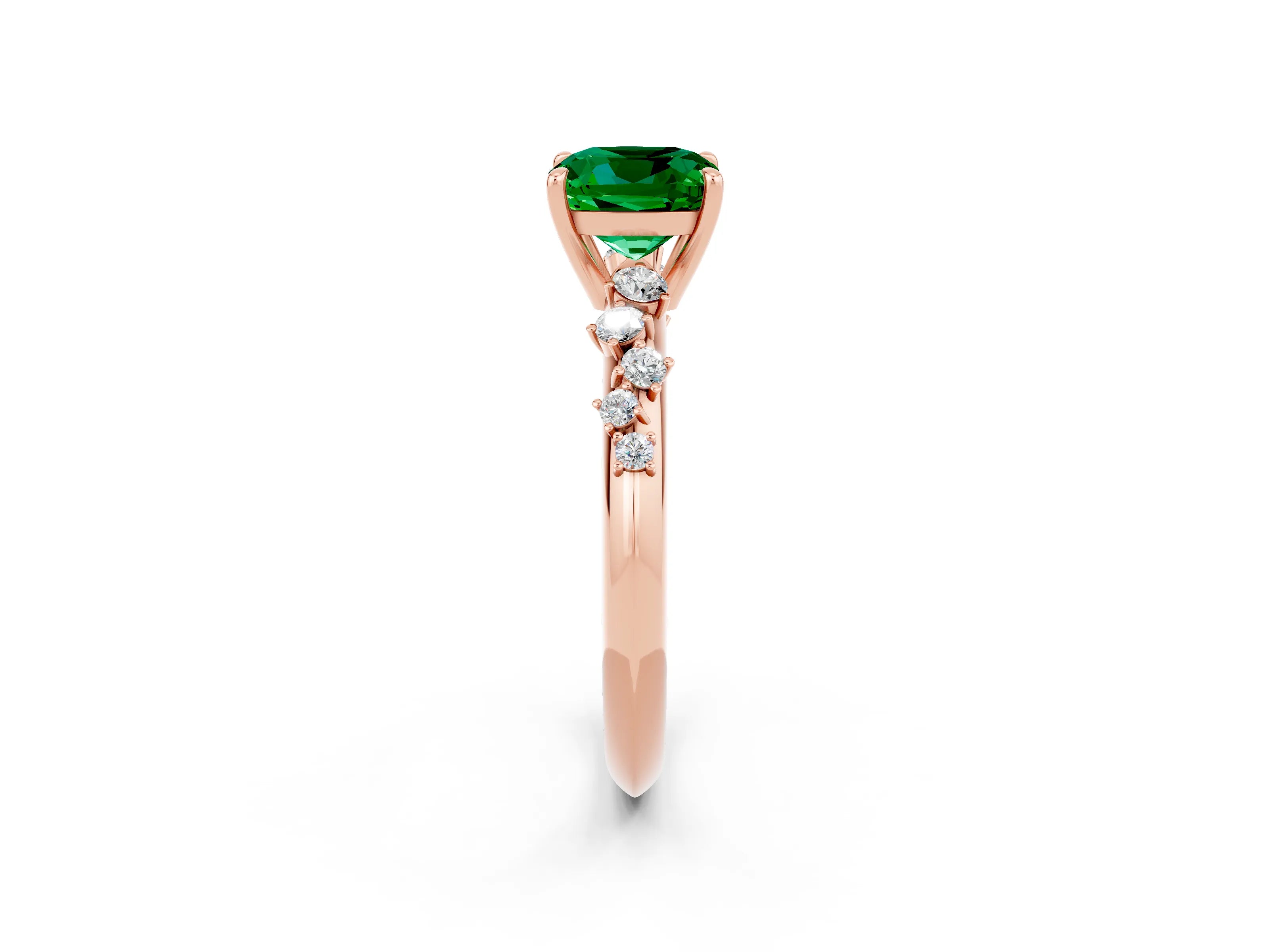 Rose gold Cushion Cut Emerald Cluster Side Stone Solitaire Ring with Prong Setting_26