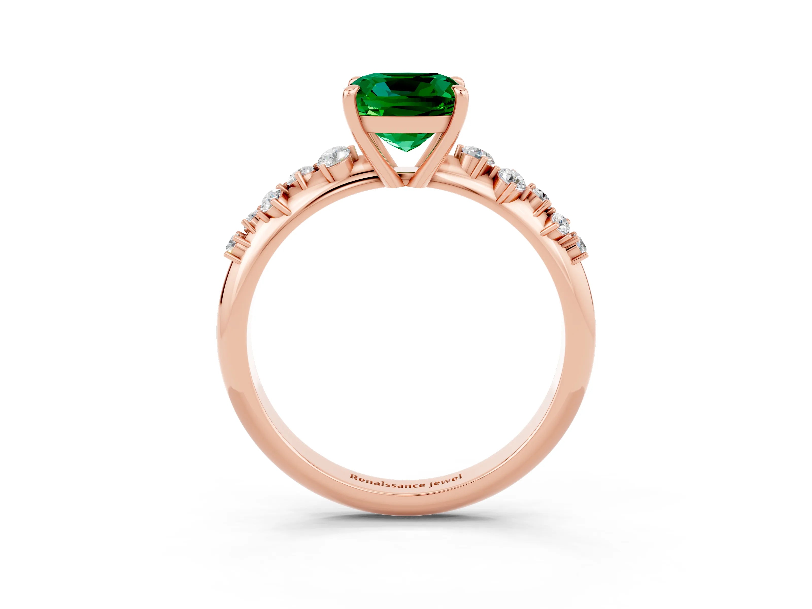 Rose gold Cushion Cut Emerald Cluster Side Stone Solitaire Ring with Prong Setting_27